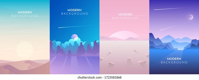 Vector banners set with polygonal landscape illustration - flat design