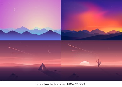 Vector banners set with polygonal landscape illustrations. Flat design