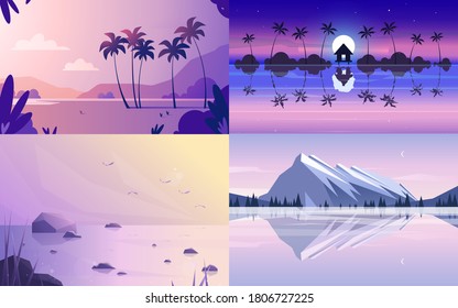 Vector banners set with polygonal landscape illustrations. Flat design