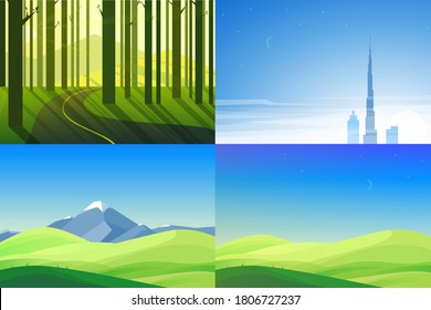 Vector banners set with polygonal landscape illustrations. Flat design