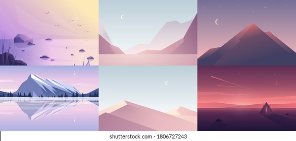 Vector banners set with polygonal landscape illustrations. Flat design