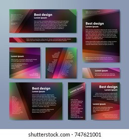 Vector banners set with purple abstract triangles on blur background. 