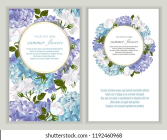 Vector banners set with roses and hydrangea flowers.Template for greeting cards, wedding decorations, invitation ,sales. Spring or summer design. Place for text.