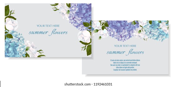 Vector banners set with roses and hydrangea flowers.Template for greeting cards, wedding decorations, invitation ,sales. Spring or summer design. Place for text.
