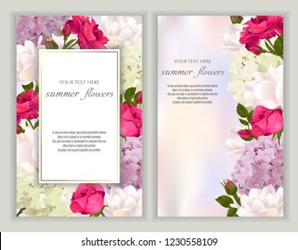 Vector banners set with roses, hydrangea and tulips flowers.Template for greeting cards, wedding decorations, invitation ,sales, packaging. Spring or summer design. Place for text.