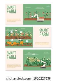 Pancartas vectoriales del concepto de granja inteligente. Conjunto de ilustraciones con máquinas agrícolas. Quadcopter recopiló datos sobre las hortalizas. Combinar cosecha, máquina de control de plagas que trabaja en camas