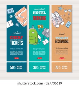 Vector banners set with suitcase, backpack, notebook, glasses, sneakers, player, camera, passport, clothes and sea shells. Perfect illustration for promotional events. Travel modern concept.
