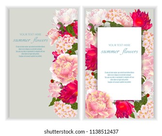 Vector banners set with summer flowers.Template for greeting cards, wedding decorations, invitation ,sales. Spring or summer design. Place for text.