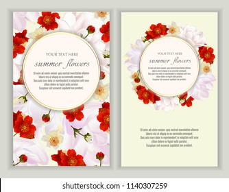 Vector banners set with summer flowers.Template for greeting cards, wedding decorations, invitation ,sales. Spring or summer design. Place for text.
