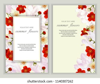 Vector banners set with summer flowers.Template for greeting cards, wedding decorations, invitation ,sales. Spring or summer design. Place for text.