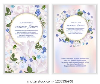 Vector banners set with summer flowers.Template for greeting cards, wedding decorations, invitation, sales, packaging. Spring or summer design. Place for text.