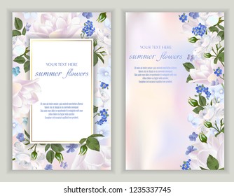 Vector banners set with summer flowers.Template for greeting cards, wedding decorations, invitation, sales, packaging. Spring or summer design. Place for text.