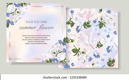 Vector banners set with summer flowers.Template for greeting cards, wedding decorations, invitation, sales, packaging. Spring or summer design. Place for text.