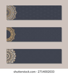 Vector banners set with traditional indian ornaments, lace orient mandala. Decorative elements. Beige and brown color mandala ornament. Islam, arabic, indian, ottoman motifs. Color illustration.