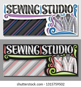 Vector banners for Sewing Studio with copy space, template with flourishes, elegant mens blazer and vintage female dress on dummies, brush lettering for words sewing studio on striped background.