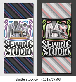 Vector banners for Sewing Studio, template with flourishes, old sewing machine, elegant mens blazer and retro female dress on dummies, brush lettering for words sewing studio on striped background.