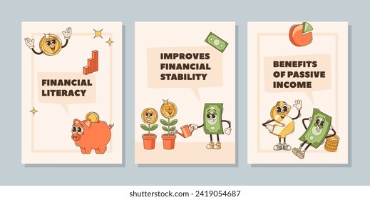 Vector Banners Showcase Retro Cartoon Groovy Money Characters, Exuding Funky Charm And Nostalgic Vibes