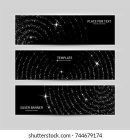 Vector banners silver sparkles on black background. Cards shopping, sale, web, exclusive, luxury, privilege