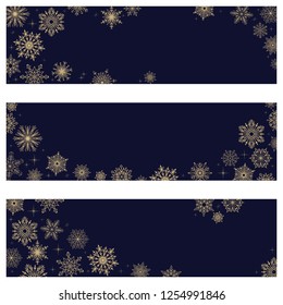 Vector banners snowflakes. On a dark blue background gold snowflakes. Winter ornament.