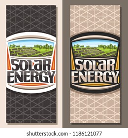 Vector banners for Solar Energy, templates with many photovoltaic panels on green summer hill with trees, original lettering for words solar energy, design illustration for alternative renewable power