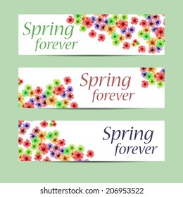 Vector banners Spring forever. Vector template with colorful flowers.