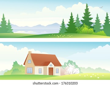 Vector banners with summer and spring landscapes.