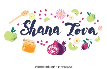 Vector banners with symbols of Jewish holiday Rosh Hashana, New Year: Honey, apple, pomegranate. Shana Tova - Blessing of Happy and Sweet New Year. 