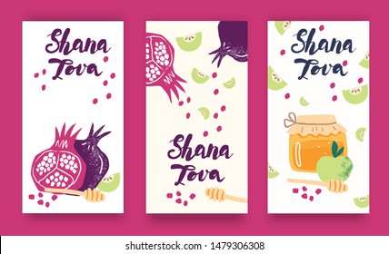 Vector banners with symbols of Jewish holiday Rosh Hashana, New Year: Honey, apple, pomegranate. Shana Tova - Blessing of Happy and Sweet New Year. 