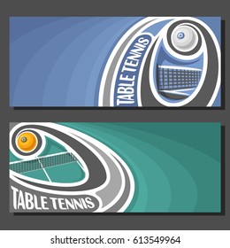 Vector banners for Table Tennis game: table tennis ball flying on curve trajectory above net, 2 layout tickets to sporting tournament with empty field for title text on blue art abstract background.
