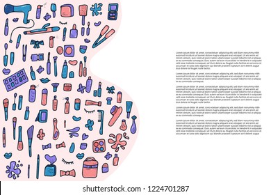 Vector banners template of beauty items. Set of doodle style cosmetic tools. Makeup collection.  