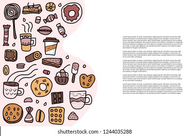 Vector banners template of desserts. Sweets cakes, donuts, candy and others snacks in doodle style isolated on white background. 