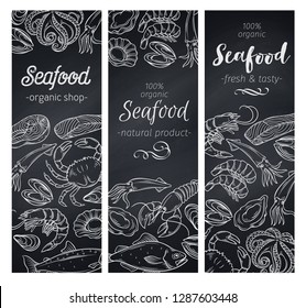 Vector banners template hand drawn seafood design with mussel, fish salmon, shrimp. Lobster, squid, octopus, scallop, lobster, craps or mollusk, oyster, alfonsino and tuna Chalkboard style