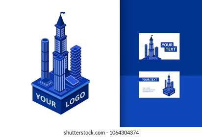 Vector banners template with isometric modern skyscraper logo space. Background layout with urban architecture construction element, corporate building city downtown business center, cityscape design