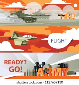 Vector banners templates with army goods, armour, tanks and airplanes