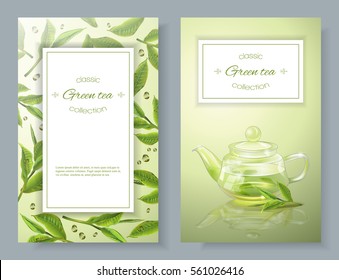 Vector banners with transparent teapot and green tea leaves. Design for packaging, drink menu, aromatherapy and tea products. With place for text.