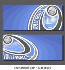 Vector Banners For Volleyball Game: Thrown Volleyball Ball Flying On Curve Trajectory Above Net On Court, 2 Tickets To Sporting Tournament With Empty Field For Title Text On Blue Abstract Background.