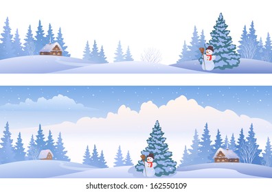 Vector banners with winter panoramic landscapes