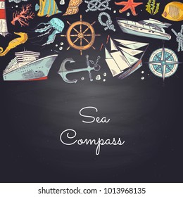 Vector bannner and poster sketched sea elements in color background with place for text illustration