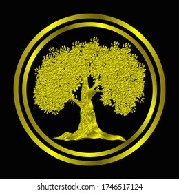 vector banyan tree gold color circled gold ring. black isolated background