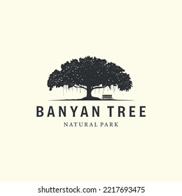 vector of banyan tree with vintage style logo design illustration, oak tree icon design svg