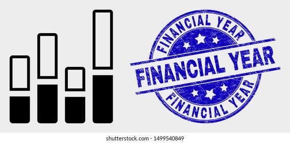 Vector bar chart pictogram and Financial Year seal stamp. Red rounded textured seal stamp with Financial Year text. Vector composition in flat style. Black isolated bar chart icon.