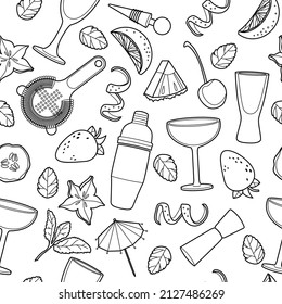 Vector bar cocktail and drink seamless pattern. Vector line art illustration