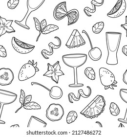 Vector bar cocktail and drink seamless pattern. Vector line art illustration