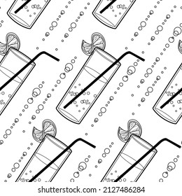 Vector bar cocktail and drink seamless pattern. Vector line art illustration