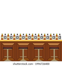 Vector bar counter with bottle alcoholic drinks and bar chairs