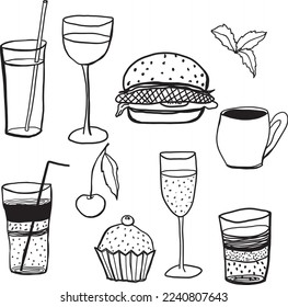 Vector bar glasses set. Hand painted drink objects and elements: wineglass, cup, mug and food isolated on white background. Illustration for design, print, fabric or background.