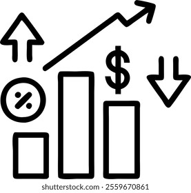 Vector of a bar graph with currency symbols and discount arrows concept as A vibrant vector illustration of a bar graph enhanced with currency symbols and discount arrows isolated on white. Perfect fo