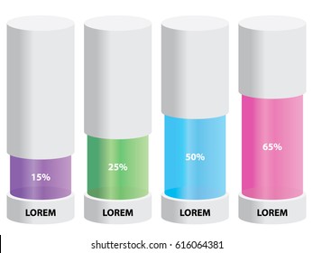 Vector bar graphs with 3D effect showing round cylinder tubes with transparent inner cutouts