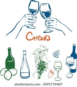 Juego de doodle de copas de vino de barra de Vector. Objetos de bebida pintados a mano y Elementos: copa de vino, botellas y frutas aisladas sobre fondo blanco. Ilustración para diseño, impresión, tela o fondo.