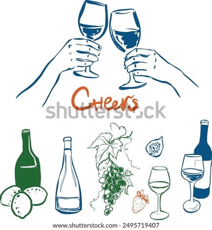 Vector bar wineglasses doodle set. Hand painted drink objects and elements: wineglass, bottles and fruits isolated on white background. Illustration for design, print, fabric or background.